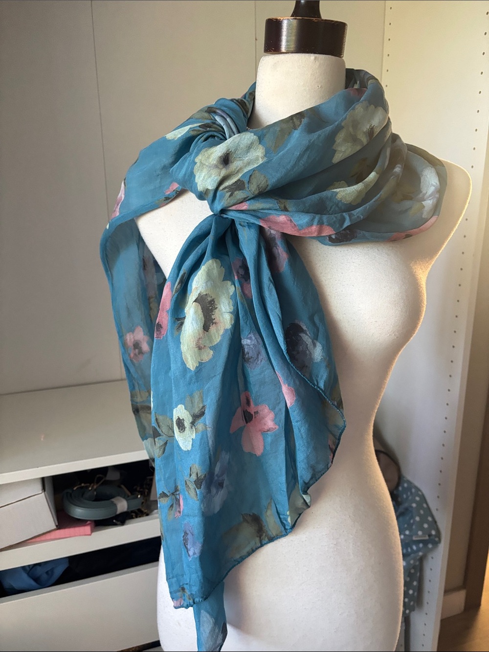 Women's Floral Teal Blue Sheer Scarf - Lightweight Wrap